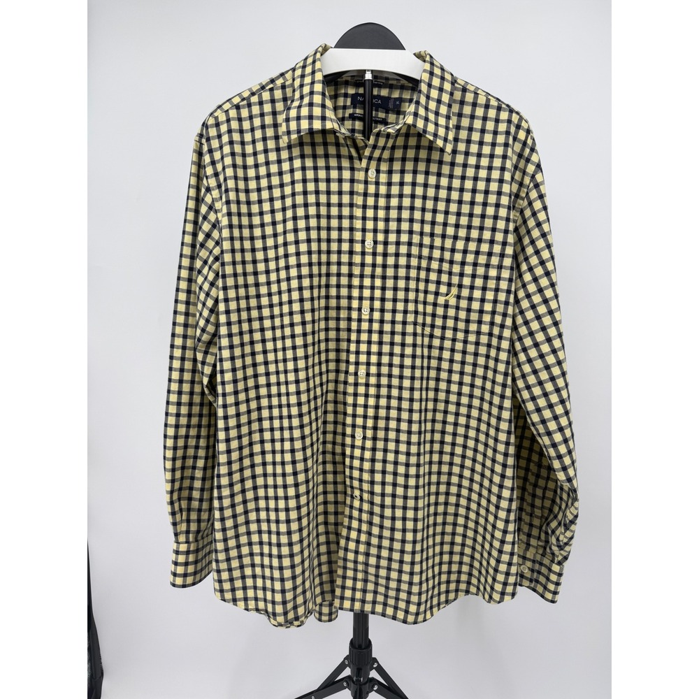 Nautica Mens XL Yellow Navy Blue Gingham Check Wrinkle Resistant Cotton Shirt